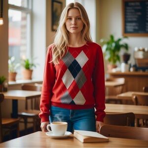 Talbots Red Argyle Crewneck Sweater Medium Nwt